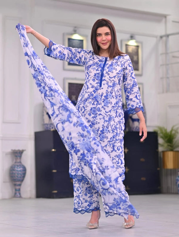 Nida Yasir Digital Printed 3 Piece Poly-Lawn With Voil Lawn Dupatta (unstitch) - 09