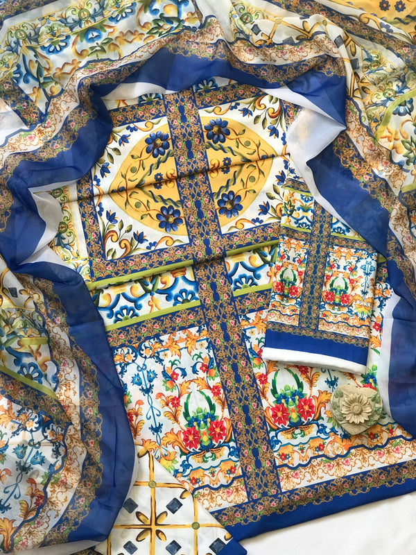 Sophisticated Digital Printed 3-Piece Swiss Lawn Suit with Silk Dupatta - 729